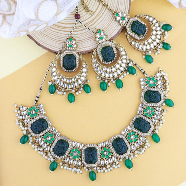 Etnico Gold Plated Traditional Pearl Kundan & Stone Studded Jewellery Necklace Set with Maang Tikka for Women (K7237G)