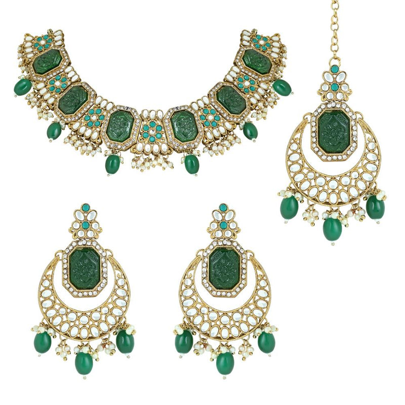 Etnico Gold Plated Traditional Pearl Kundan & Stone Studded Jewellery Necklace Set with Maang Tikka for Women (K7237G)