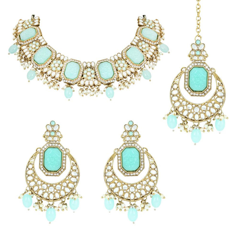 Etnico Gold Plated Traditional Pearl Kundan & Stone Studded Jewellery Necklace Set with Maang Tikka for Women (K7238Sb)