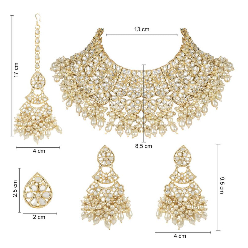 Etnico Gold Plated Traditional Pearl Kundan Studded Floral Bridal Choker Necklace With Earring Maang Tikka & Finger Ring Set For Women And Girls (K7240W)