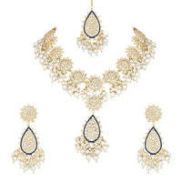 Etnico Gold Plated Traditional Pearl Kundan Meenakari Floral Necklace With Earring Maang Tikka & Finger Ring Set For Women And Girls (K7241Bl)