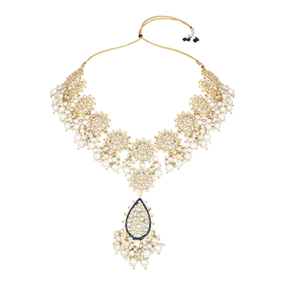 Etnico Gold Plated Traditional Pearl Kundan Meenakari Floral Necklace With Earring Maang Tikka & Finger Ring Set For Women And Girls (K7241Bl)