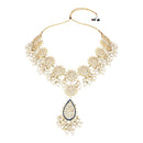 Etnico Gold Plated Traditional Pearl Kundan Meenakari Floral Necklace With Earring Maang Tikka & Finger Ring Set For Women And Girls (K7241Bl)