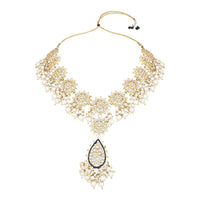 Etnico Gold Plated Traditional Pearl Kundan Meenakari Floral Necklace With Earring Maang Tikka & Finger Ring Set For Women And Girls (K7241Bl)