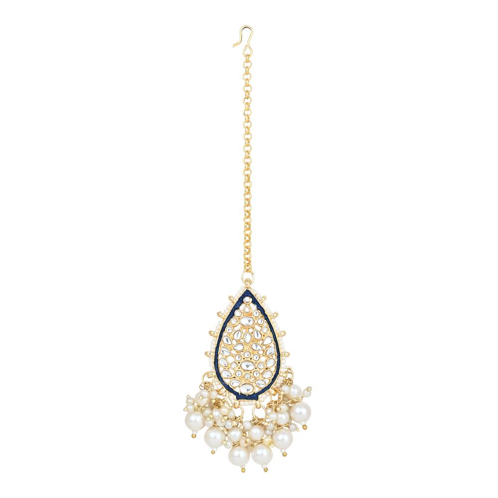 Etnico Gold Plated Traditional Pearl Kundan Meenakari Floral Necklace With Earring Maang Tikka & Finger Ring Set For Women And Girls (K7241Bl)