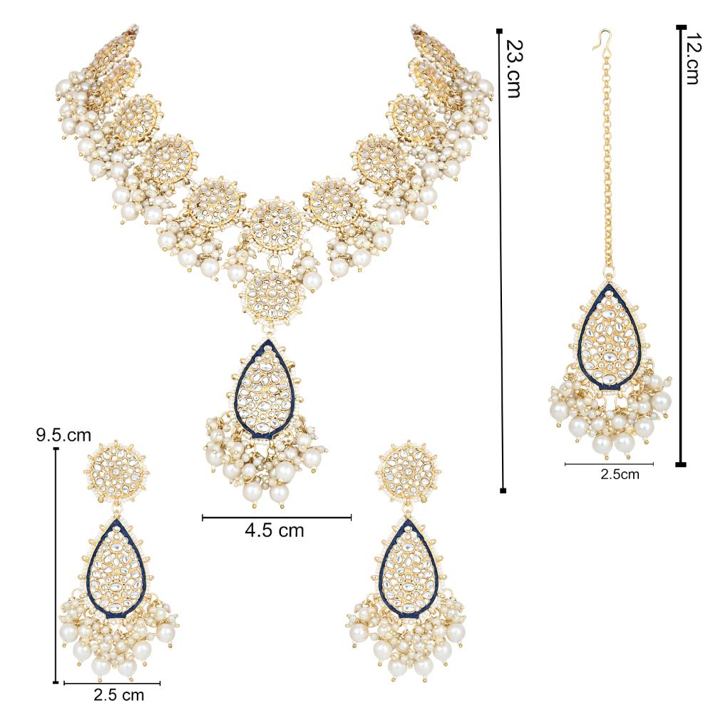 Etnico Gold Plated Traditional Pearl Kundan Meenakari Floral Necklace With Earring Maang Tikka & Finger Ring Set For Women And Girls (K7241Bl)