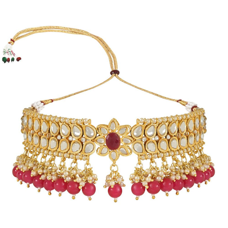 Etnico Gold Plated Traditional Pearl Kundan Studded Choker Jewellery Necklace Set with Maang Tikka for Women (K7242Q)