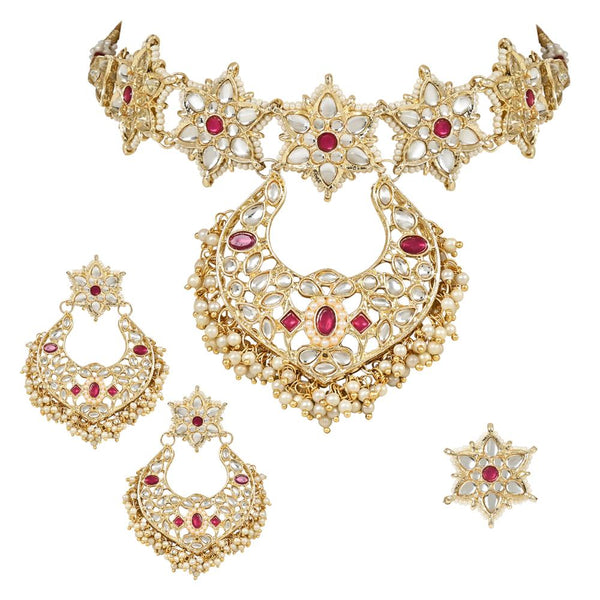Etnico Gold Plated Traditional Handcrafted Stone Studded Pearl Choker Necklace Jewellery Set With Earrings & Finger ring For Women And Girls (K7243Q)