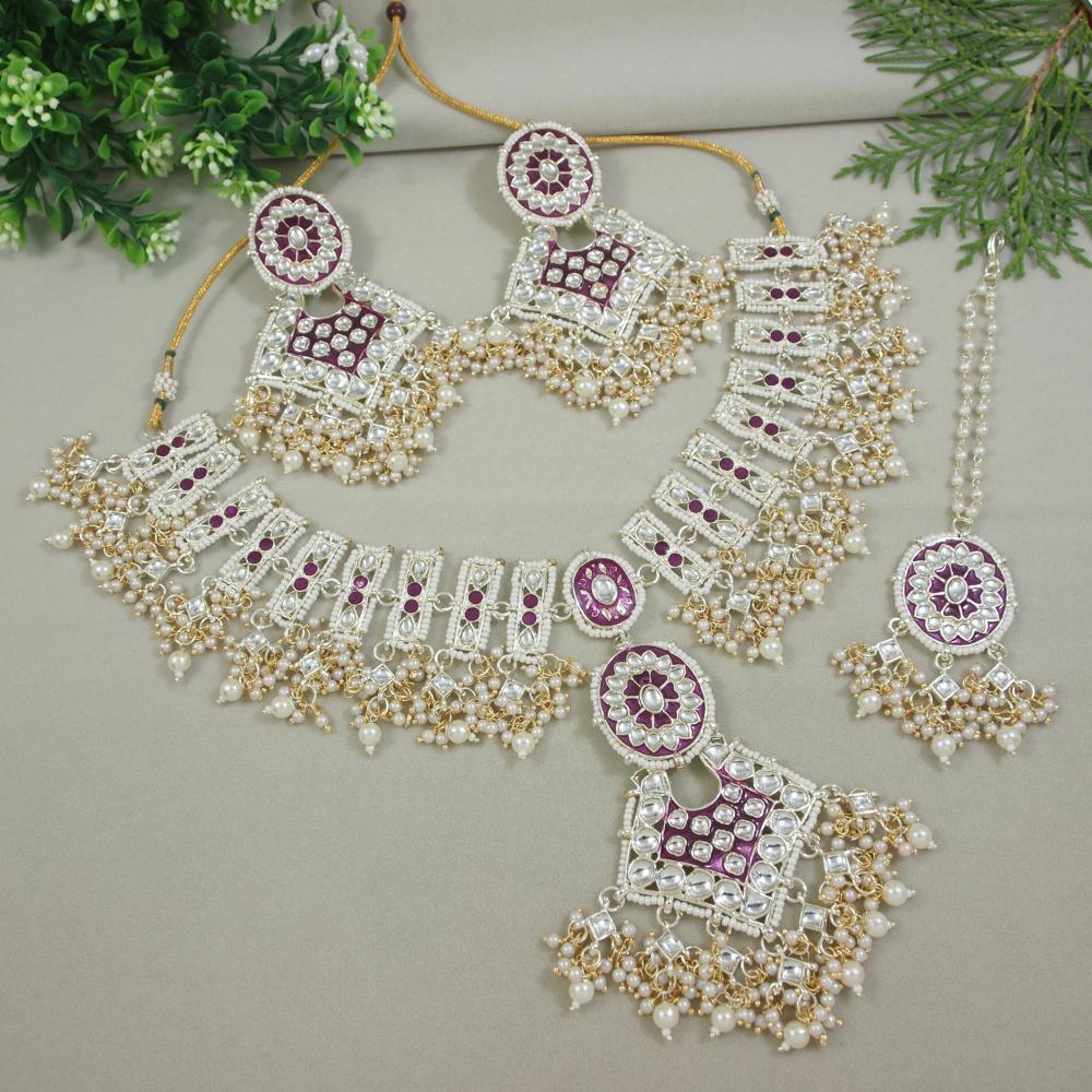 Etnico Meenakari Kundan & Pearl Necklace & Earrings With Maang Tikka Set (K7244Wi)