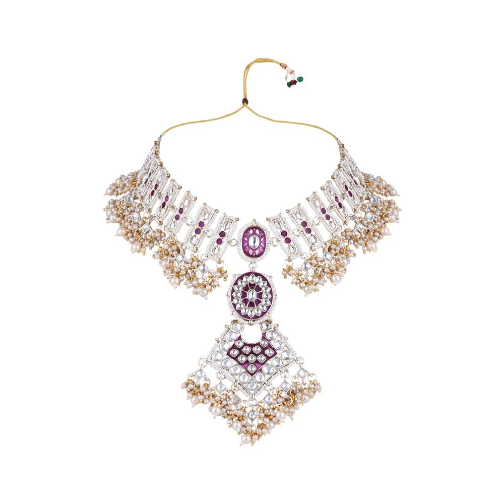 Etnico Meenakari Kundan & Pearl Necklace & Earrings With Maang Tikka Set (K7244Wi)