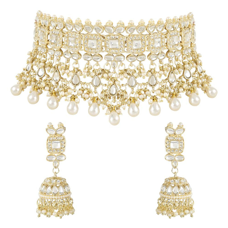 Etnico Gold Plated Traditional White Kundan & Stone Handcrafted Pearl Hanging Bridal Choker Necklace Jewellery With Jhumka Earrings Set For Women/Girls (K7246W)