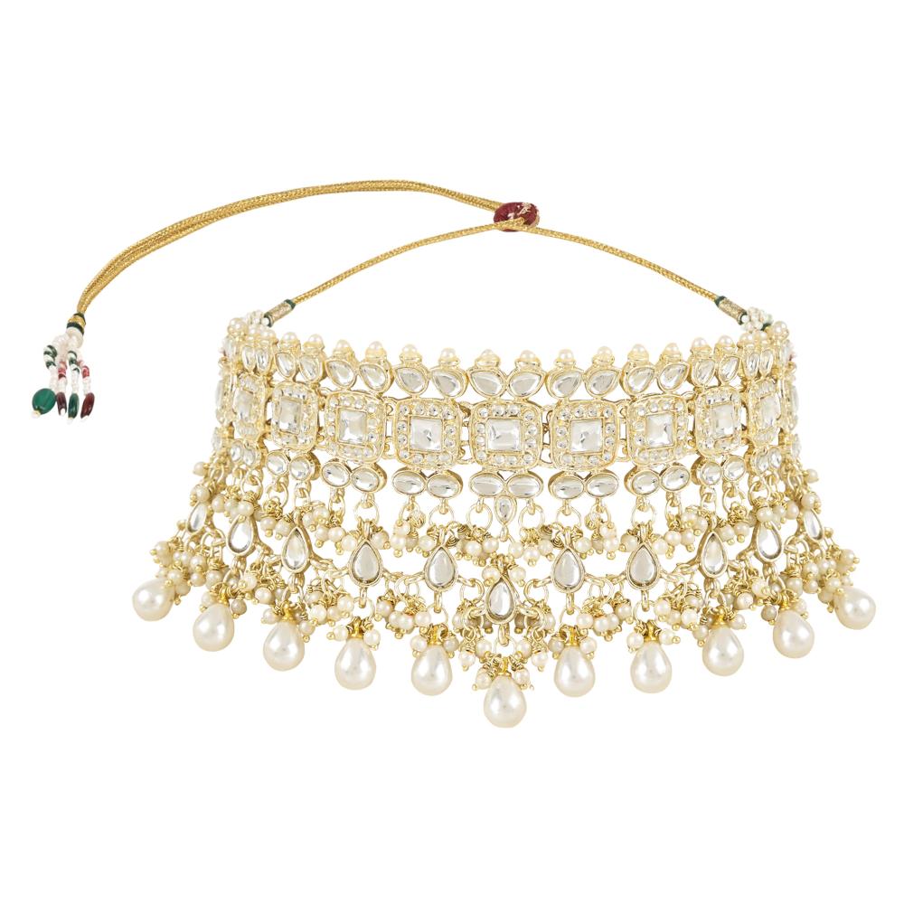 Etnico Gold Plated Traditional White Kundan & Stone Handcrafted Pearl Hanging Bridal Choker Necklace Jewellery With Jhumka Earrings Set For Women/Girls (K7246W)