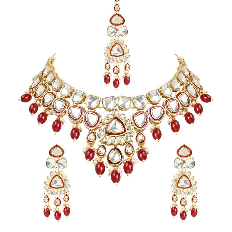Etnico Gold Plated Traditional Pearl Kundan Necklace Jewellery Set With Earring Maang Tikka Set For Women And Girls (K7248M)