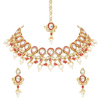Etnico Gold Plated Traditional Pearl Kundan Studded Floral Necklace With Earring Maang Tikka Set For Women And Girls (K7249Q)