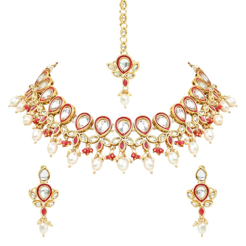 Etnico Gold Plated Traditional Pearl Kundan Studded Floral Necklace With Earring Maang Tikka Set For Women And Girls (K7249Q)