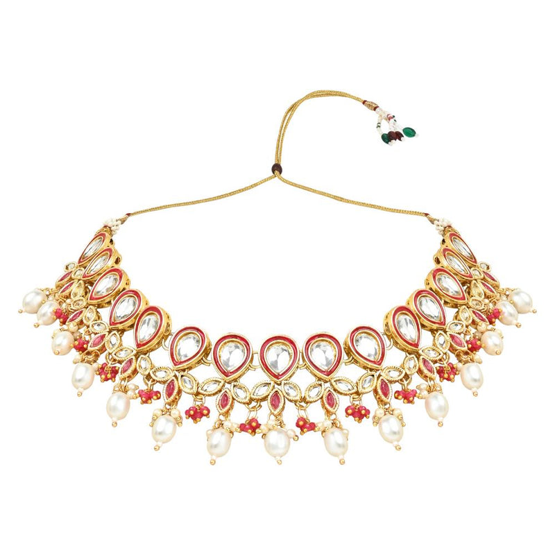 Etnico Gold Plated Traditional Pearl Kundan Studded Floral Necklace With Earring Maang Tikka Set For Women And Girls (K7249Q)