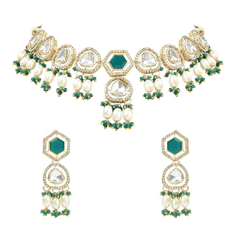 Etnico Gold Plated Traditional Pearl Kundan & Dazzling Stone Studded Jewellery Necklace Set for Women (K7250WG)