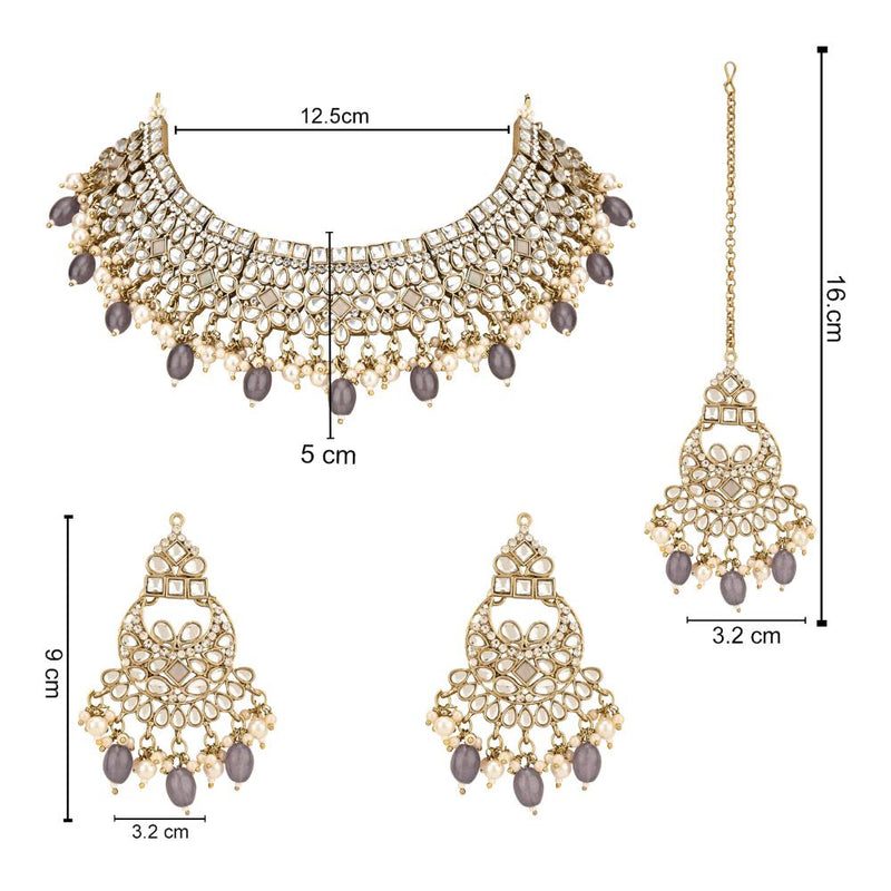 Etnico Gold Plated Traditional Kundan Pearl Hanging Choker Necklace Jewellery Set With Earrings & Maang Tikka For Women & Girls (K7252Gr)