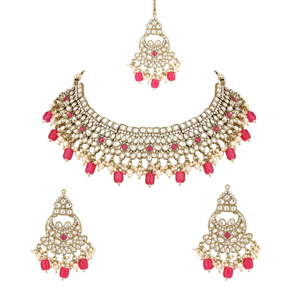 Etnico Gold Plated Traditional Kundan Pearl Hanging Choker Necklace Jewellery Set With Earrings & Maang Tikka For Women & Girls (K7252Pi)