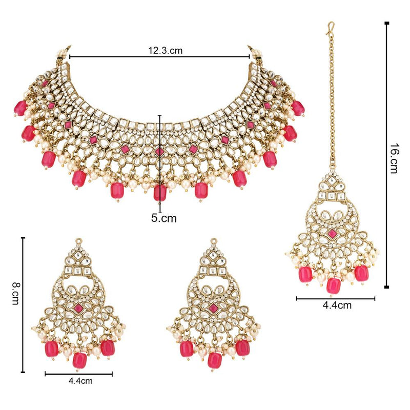 Etnico Gold Plated Traditional Kundan Pearl Hanging Choker Necklace Jewellery Set With Earrings & Maang Tikka For Women & Girls (K7252Pi)