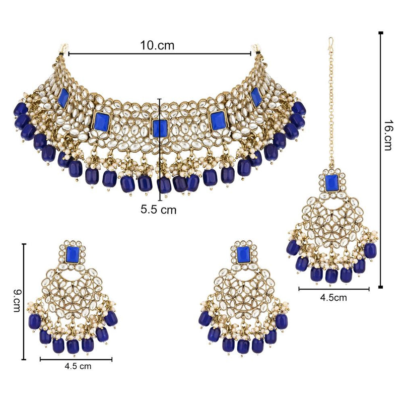 Etnico Gold Plated Traditional Pearl Kundan Choker Jewellery Necklace Set with Maang Tikka for Women And Girls (K7254Bl)