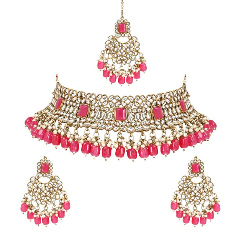 Etnico Gold Plated Traditional Pearl Kundan Choker Jewellery Necklace Set with Maang Tikka for Women And Girls (K7254Q)