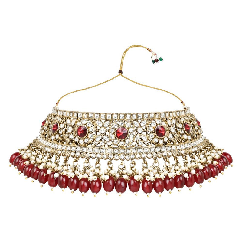 Etnico Gold Plated Traditional Kundan Pearl Hanging Choker Necklace Jewellery Set With Earrings & Maang Tikka For Women And Girls (K7255M)
