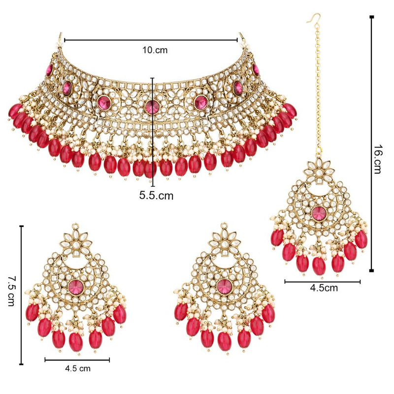 Etnico Gold Plated Traditional Kundan Pearl Hanging Choker Necklace Jewellery Set With Earrings & Maang Tikka For Women And Girls (K7255Q)