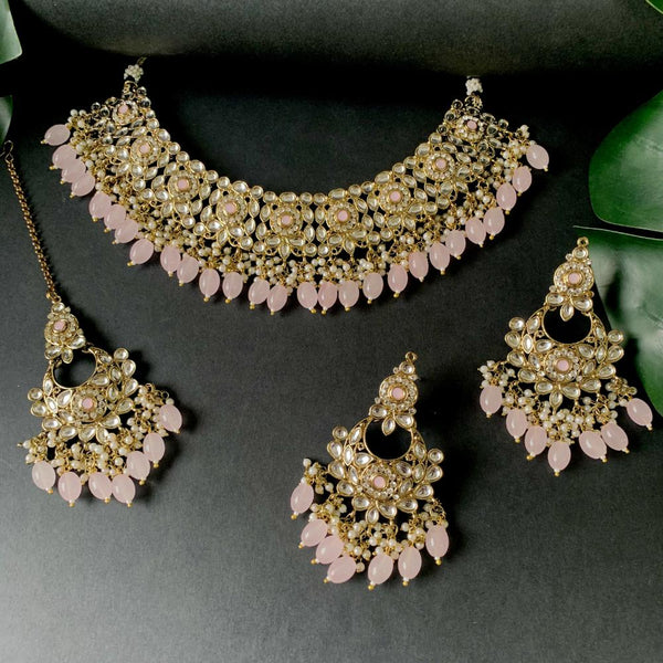 Etnico Gold Plated Traditional Kundan Pearl Drop Bridal Choker Necklace With Chandbali Earrings & Maang Tikka Jewellery Set For Women/Girls (K7256Pi)