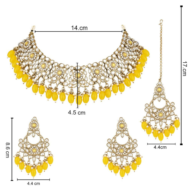 Etnico Gold Plated Traditional Kundan Pearl Drop Bridal Choker Necklace With Chandbali Earrings & Maang Tikka Jewellery Set For Women/Girls (K7256Y)