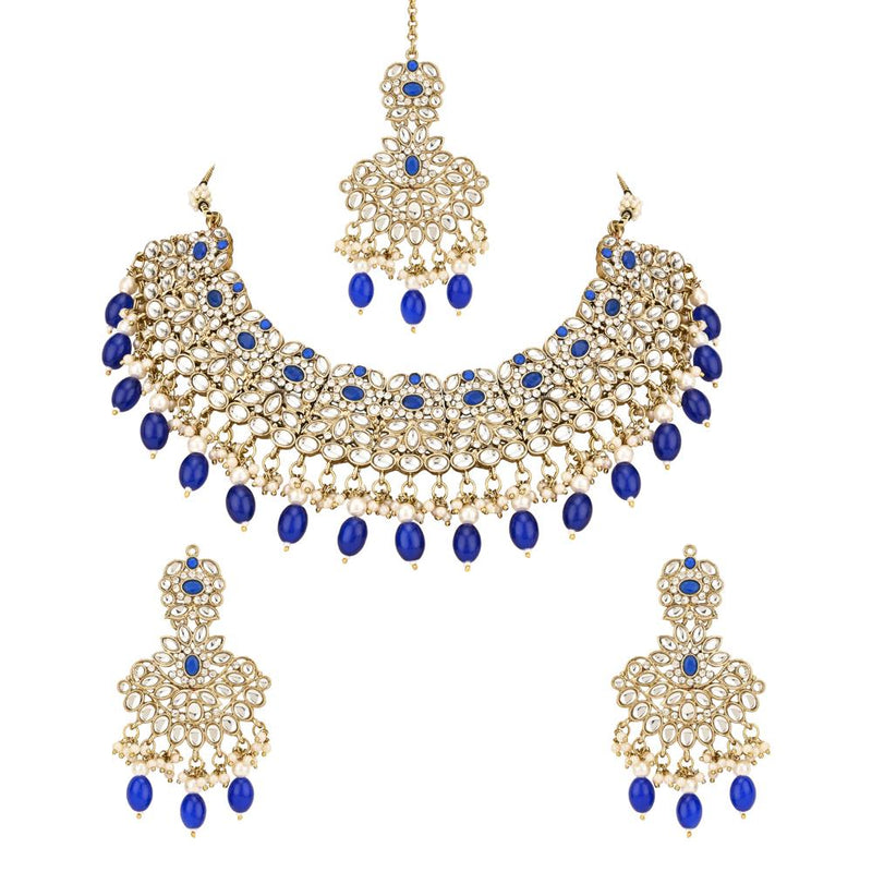 Etnico Gold Plated Traditional Kundan Pearl Drop Bridal Choker Necklace With Chandbali Earrings & Maang Tikka Jewellery Set For Women/Girls (K7257Bl)