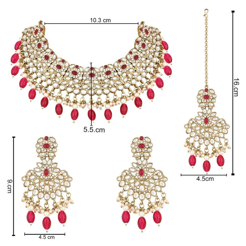 Etnico Gold Plated Traditional Kundan Pearl Drop Bridal Choker Necklace With Chandbali Earrings & Maang Tikka Jewellery Set For Women/Girls (K7257Q)