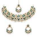Etnico Gold Plated Traditional Floral Kundan & Pearl Choker Necklace Jewellery Earrings & Maang tikka Set For Women (Green)