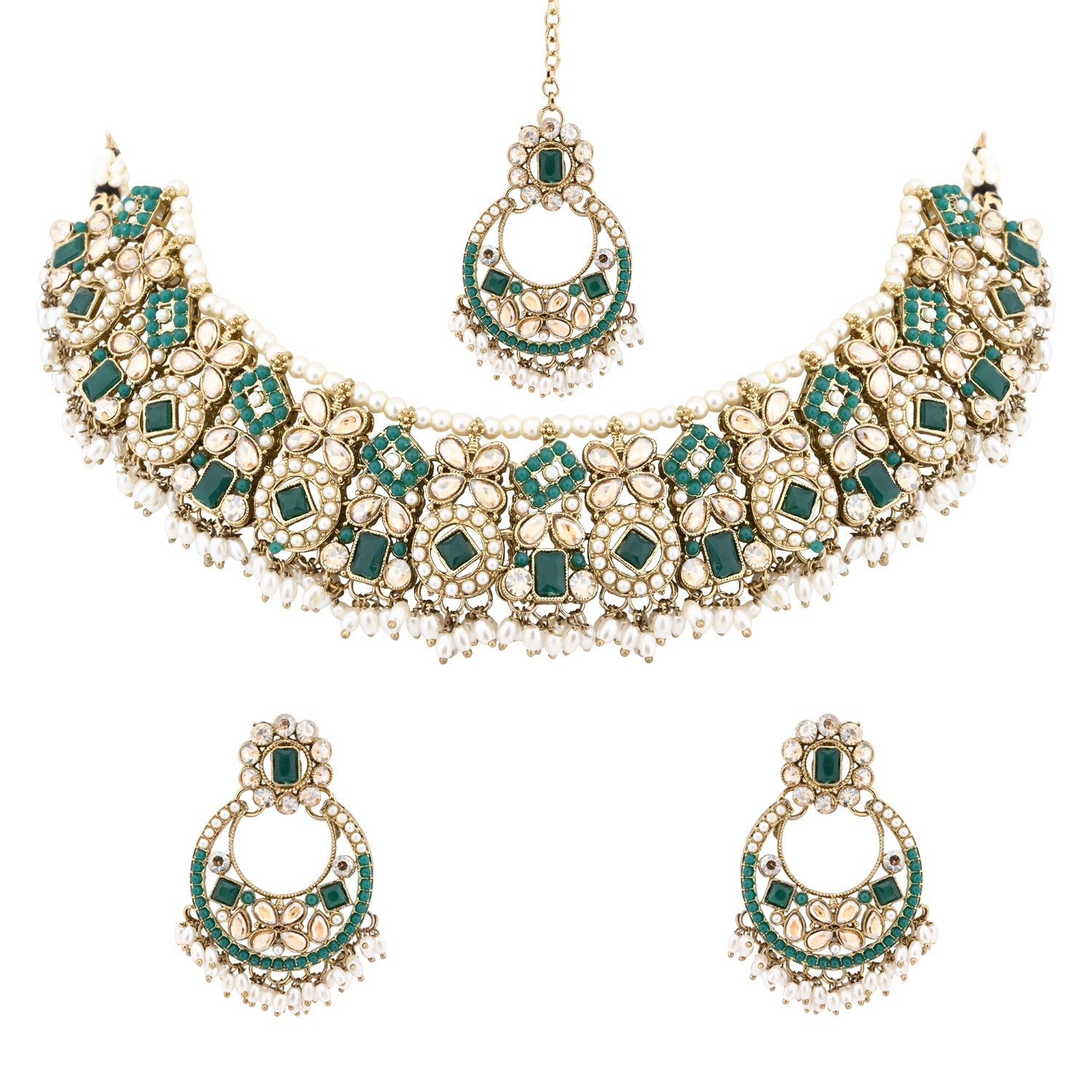 Etnico Gold Plated Traditional Floral Kundan & Pearl Choker Necklace Jewellery Earrings & Maang tikka Set For Women (Green)