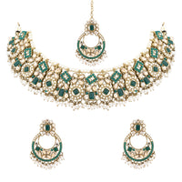 Etnico Gold Plated Traditional Floral Kundan & Pearl Choker Necklace Jewellery Earrings & Maang tikka Set For Women (Green)