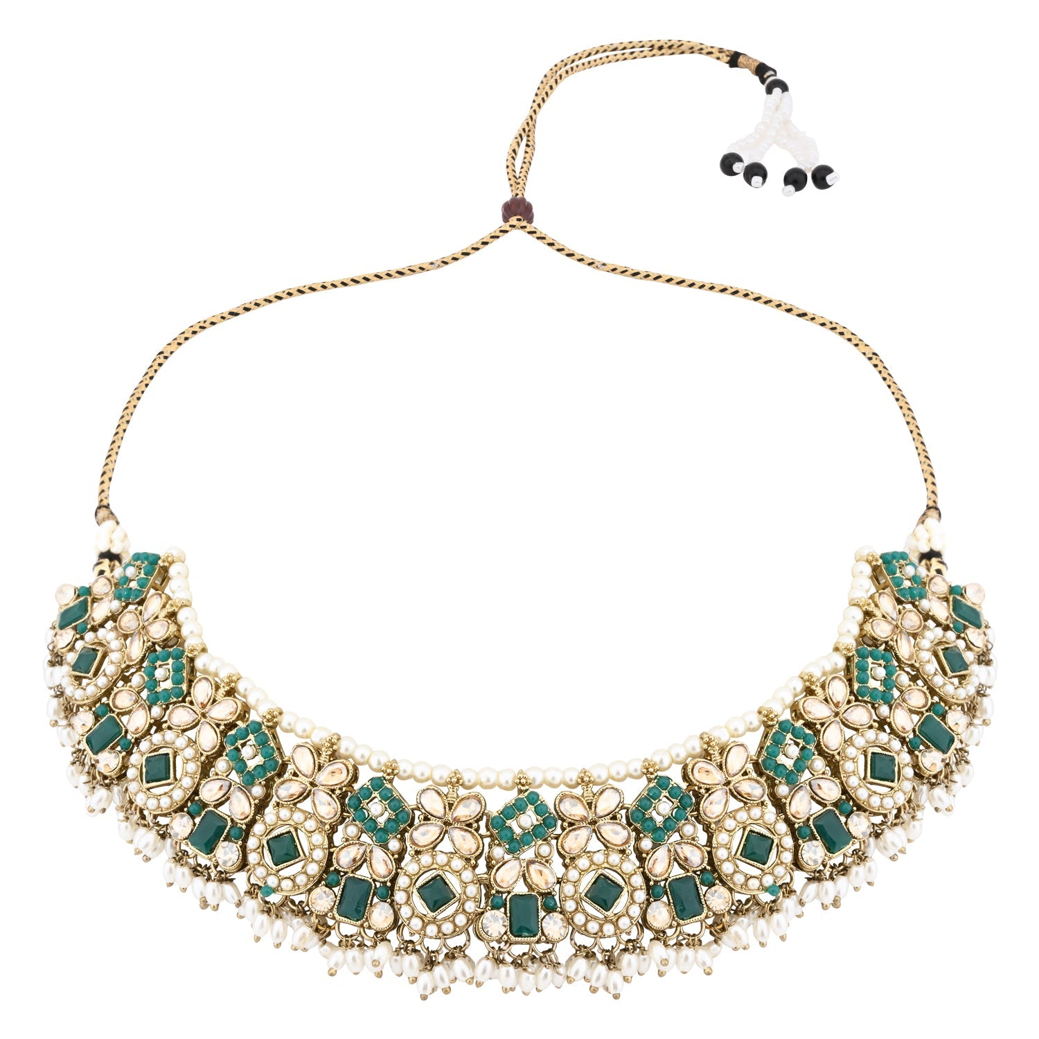 Etnico Gold Plated Traditional Floral Kundan & Pearl Choker Necklace Jewellery Earrings & Maang tikka Set For Women (Green)