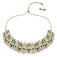 Etnico Gold Plated Traditional Floral Kundan & Pearl Choker Necklace Jewellery Earrings & Maang tikka Set For Women (Green)