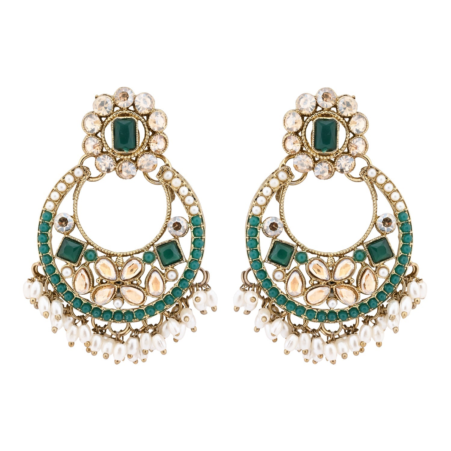 Etnico Gold Plated Traditional Floral Kundan & Pearl Choker Necklace Jewellery Earrings & Maang tikka Set For Women (Green)