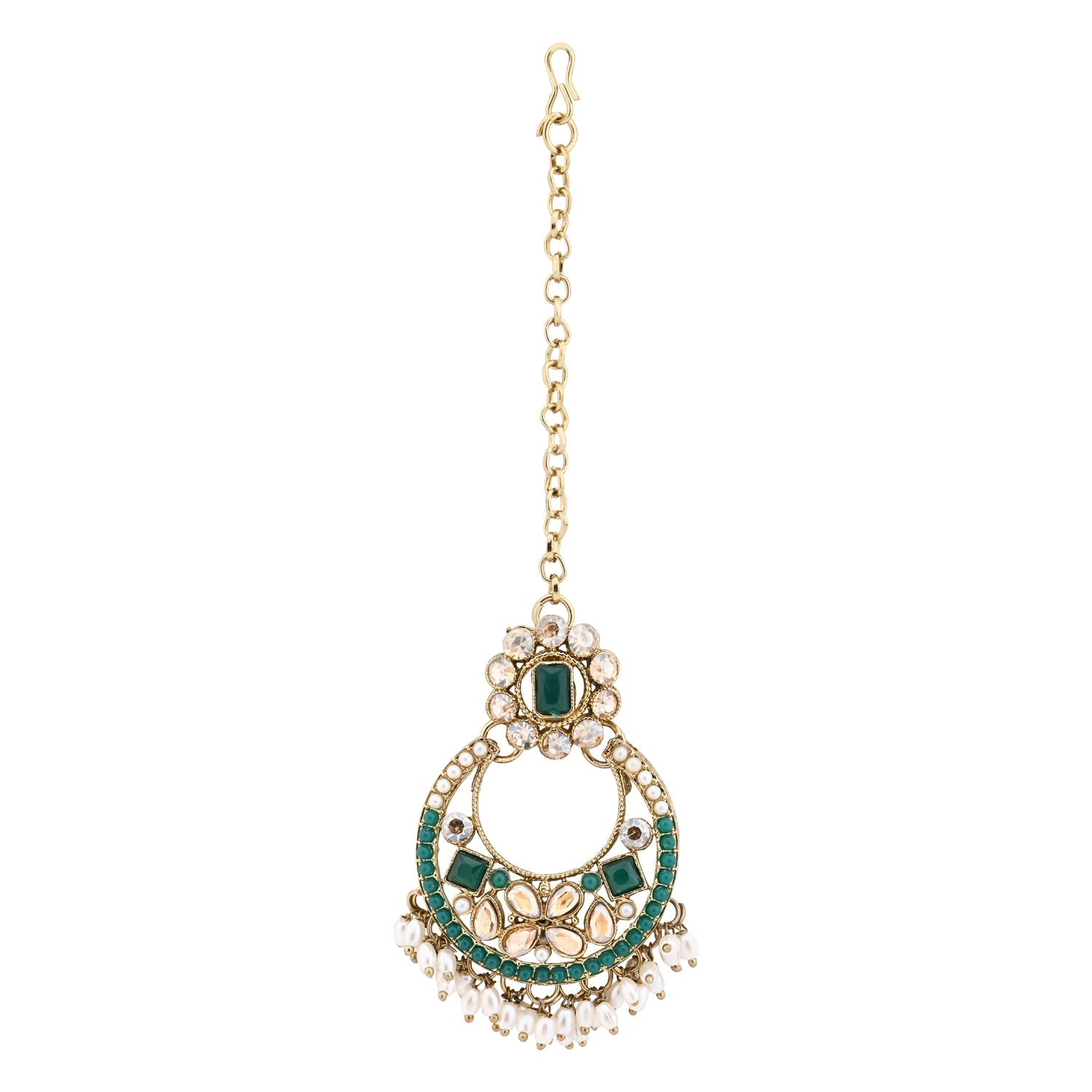 Etnico Gold Plated Traditional Floral Kundan & Pearl Choker Necklace Jewellery Earrings & Maang tikka Set For Women (Green)
