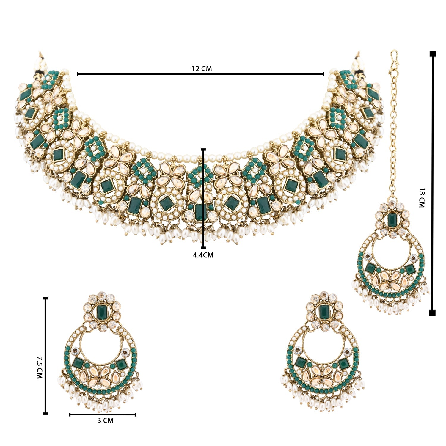 Etnico Gold Plated Traditional Floral Kundan & Pearl Choker Necklace Jewellery Earrings & Maang tikka Set For Women (Green)