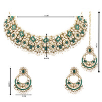 Etnico Gold Plated Traditional Floral Kundan & Pearl Choker Necklace Jewellery Earrings & Maang tikka Set For Women (Green)