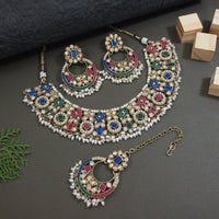 Etnico Gold Plated Traditional Floral Kundan & Pearl Choker Necklace Jewellery Earrings & Maang tikka Set For Women (K7304Mul)