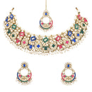 Etnico Gold Plated Traditional Floral Kundan & Pearl Choker Necklace Jewellery Earrings & Maang tikka Set For Women (K7304Mul)