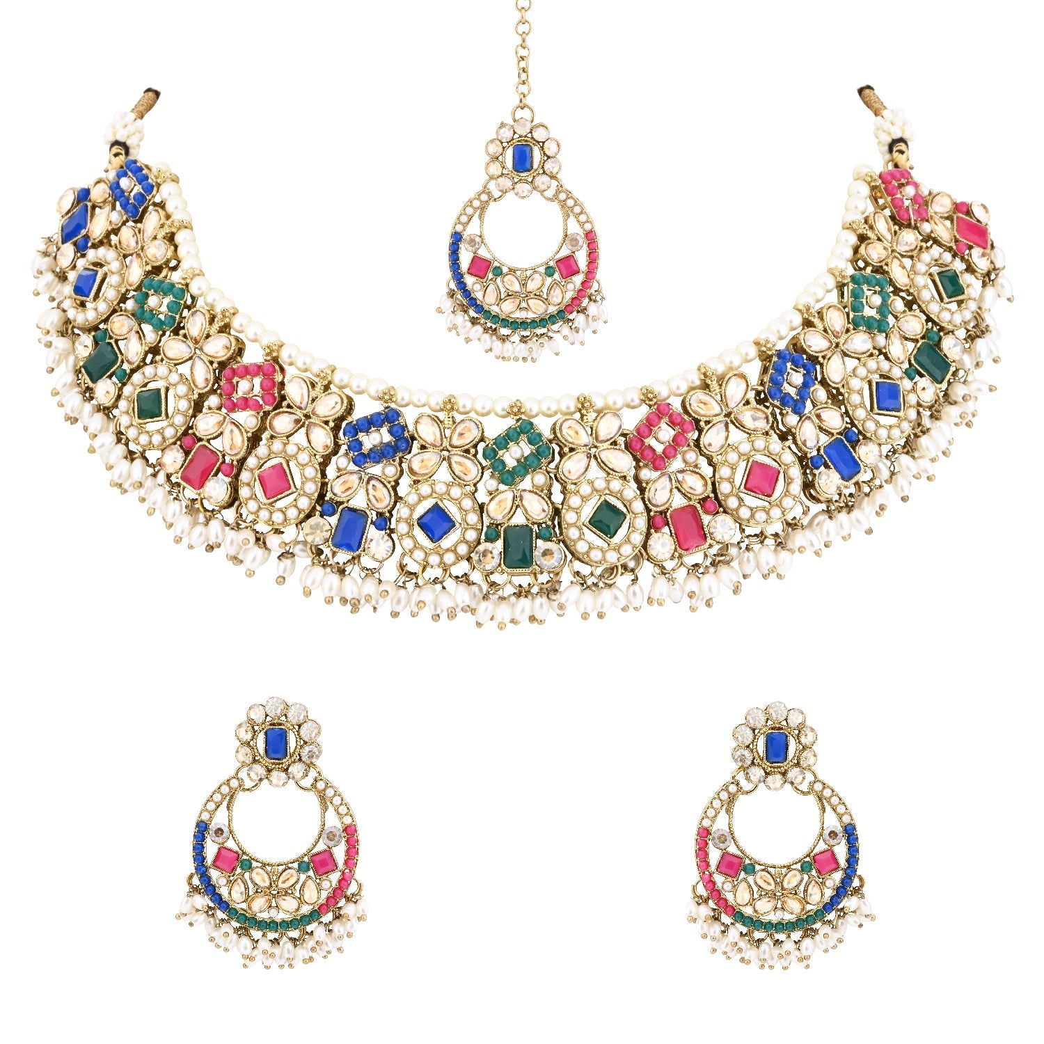Etnico Gold Plated Traditional Floral Kundan & Pearl Choker Necklace Jewellery Earrings & Maang tikka Set For Women (K7304Mul)