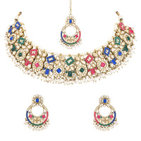 Etnico Gold Plated Traditional Floral Kundan & Pearl Choker Necklace Jewellery Earrings & Maang tikka Set For Women (K7304Mul)