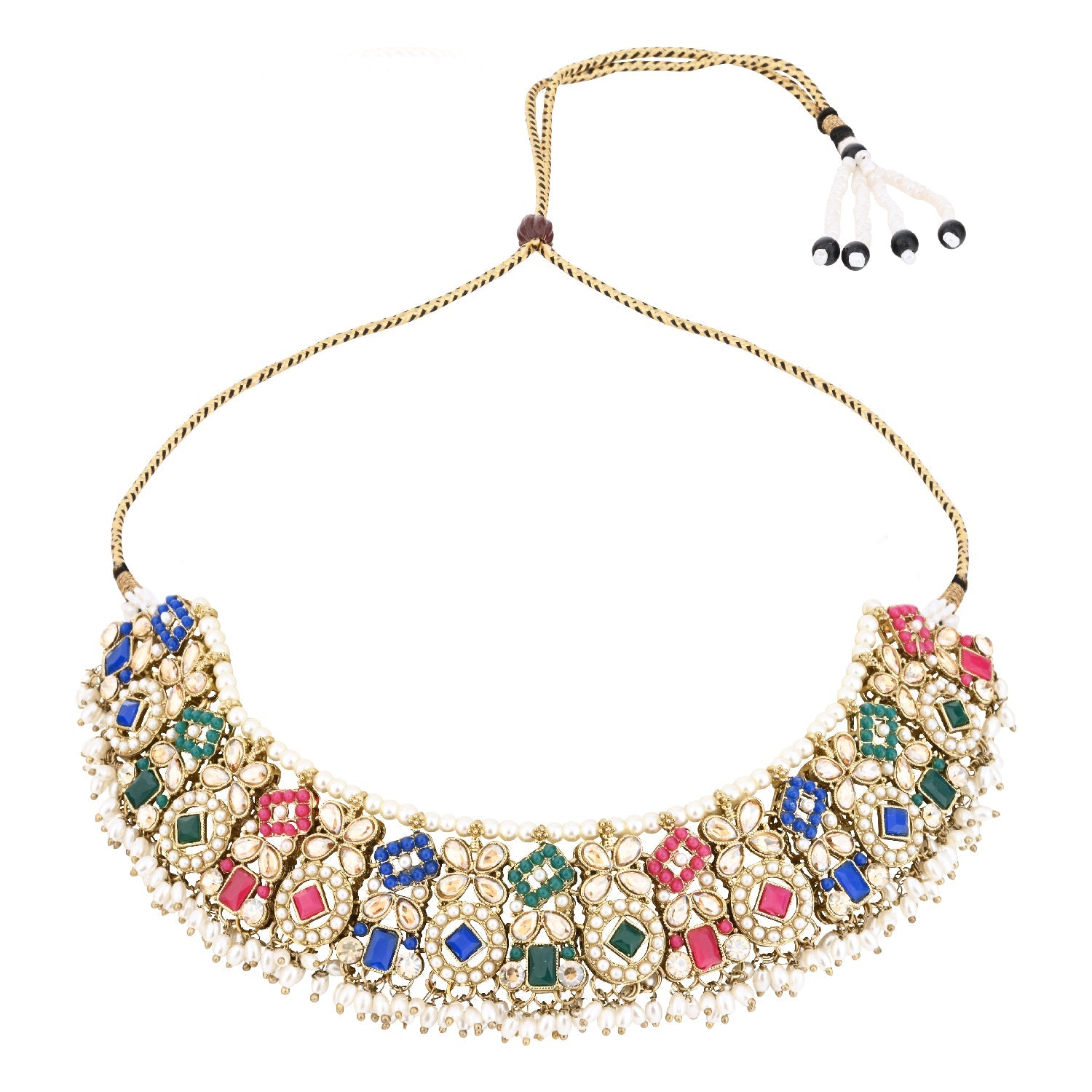 Etnico Gold Plated Traditional Floral Kundan & Pearl Choker Necklace Jewellery Earrings & Maang tikka Set For Women (K7304Mul)