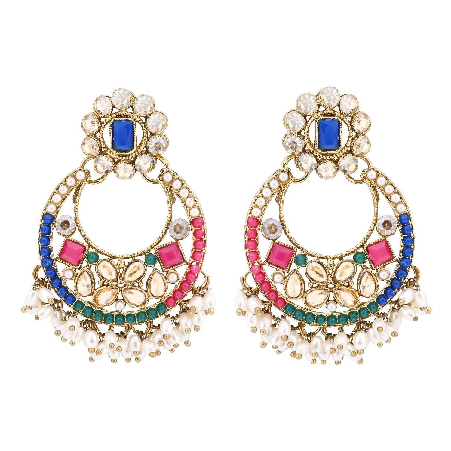 Etnico Gold Plated Traditional Floral Kundan & Pearl Choker Necklace Jewellery Earrings & Maang tikka Set For Women (K7304Mul)