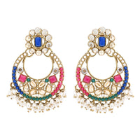 Etnico Gold Plated Traditional Floral Kundan & Pearl Choker Necklace Jewellery Earrings & Maang tikka Set For Women (K7304Mul)
