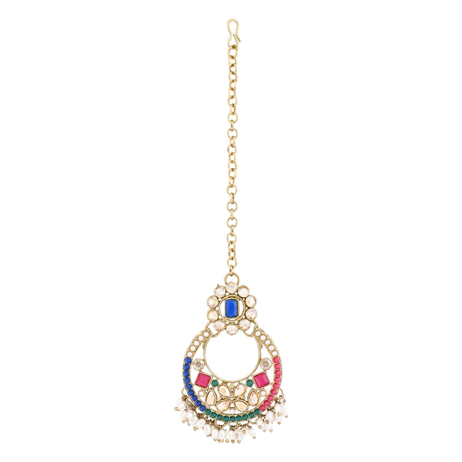 Etnico Gold Plated Traditional Floral Kundan & Pearl Choker Necklace Jewellery Earrings & Maang tikka Set For Women (K7304Mul)