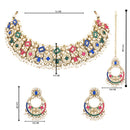 Etnico Gold Plated Traditional Floral Kundan & Pearl Choker Necklace Jewellery Earrings & Maang tikka Set For Women (K7304Mul)